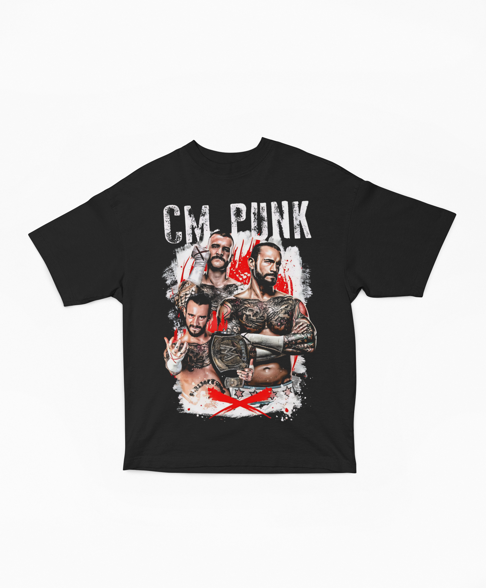 Playera Oversize Negra CM Punk Retrato de Campeón | Collage Fotográfico Lucha Libre