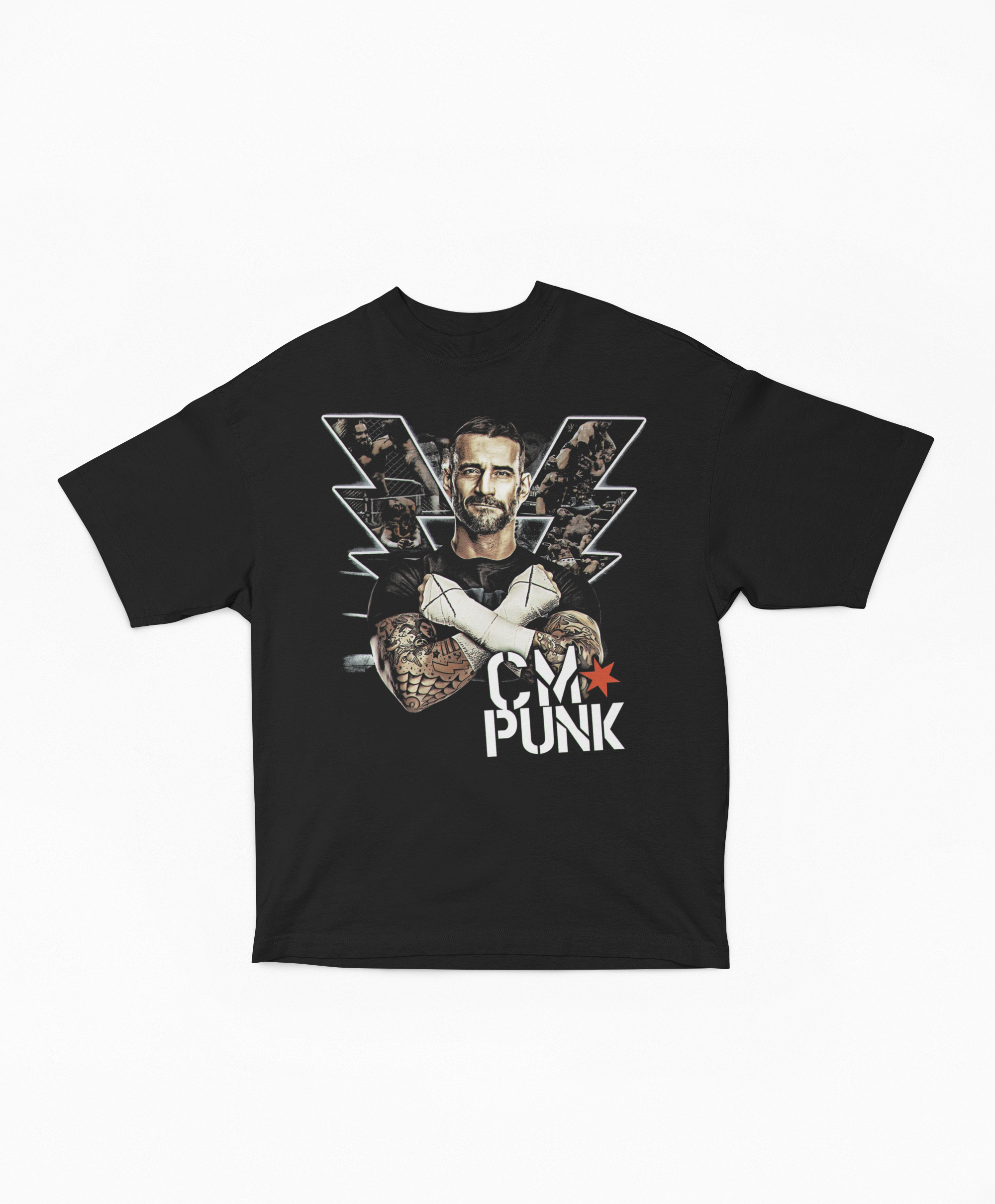 Playera Oversize Negra CM Punk Logo Rayo y Estrella | Collage Fotográfico Lucha Libre