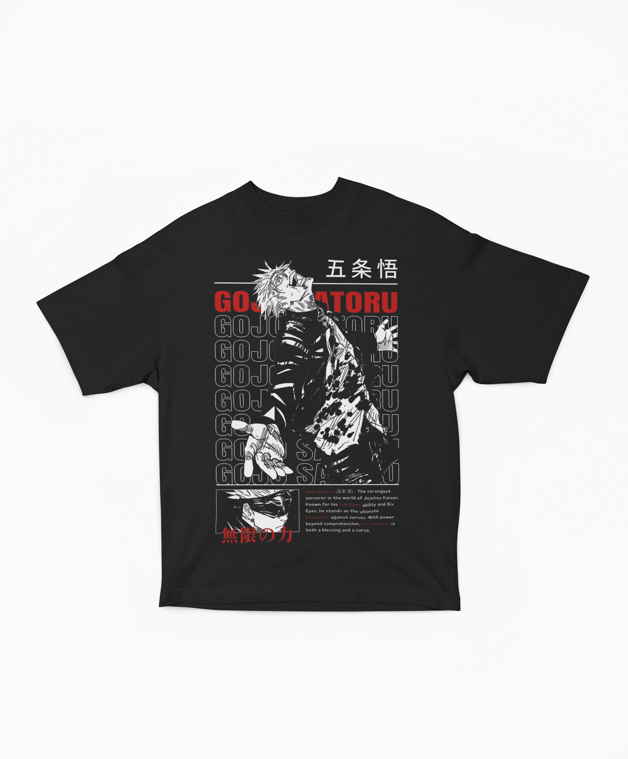 Playera Oversize Negra Gojo Satoru | Ficha de Personaje Manga JJK