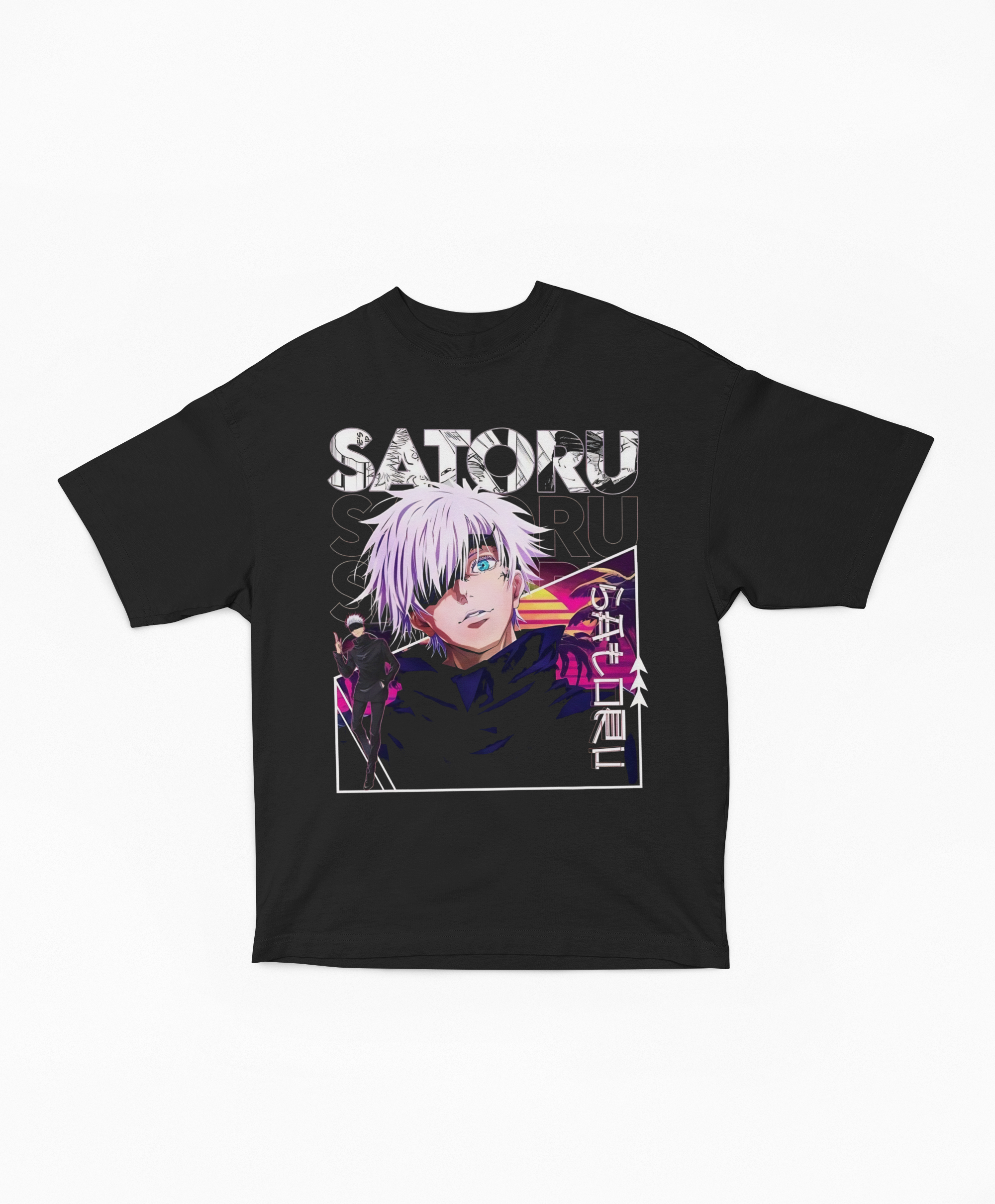 Playera Oversize Negra Gojo Satoru | Retrowave Sunset Vintage JJK