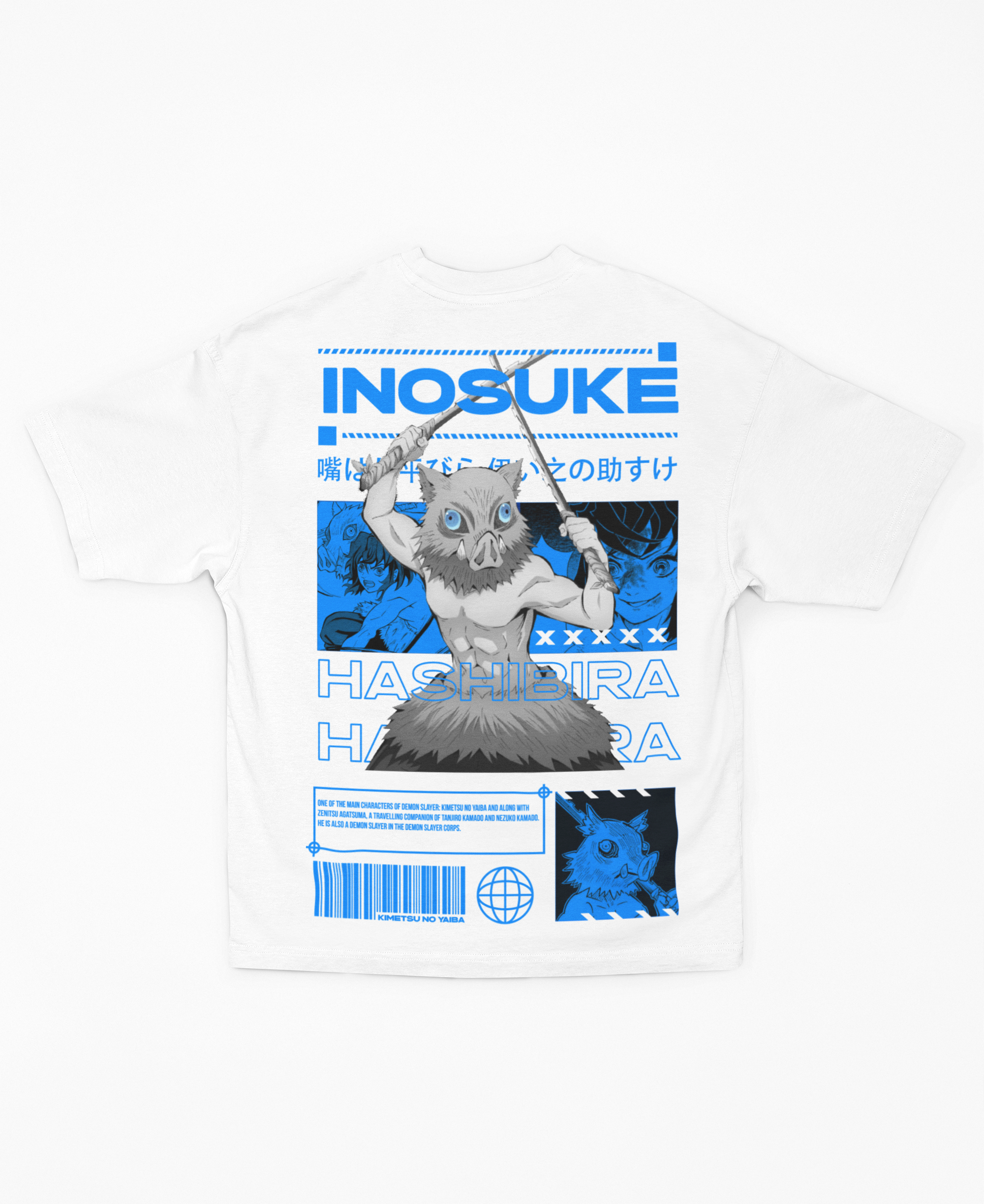 Playera Oversize Blanca Inosuke Hashibira Backprint | Diseño Gráfico Cyber Japonés