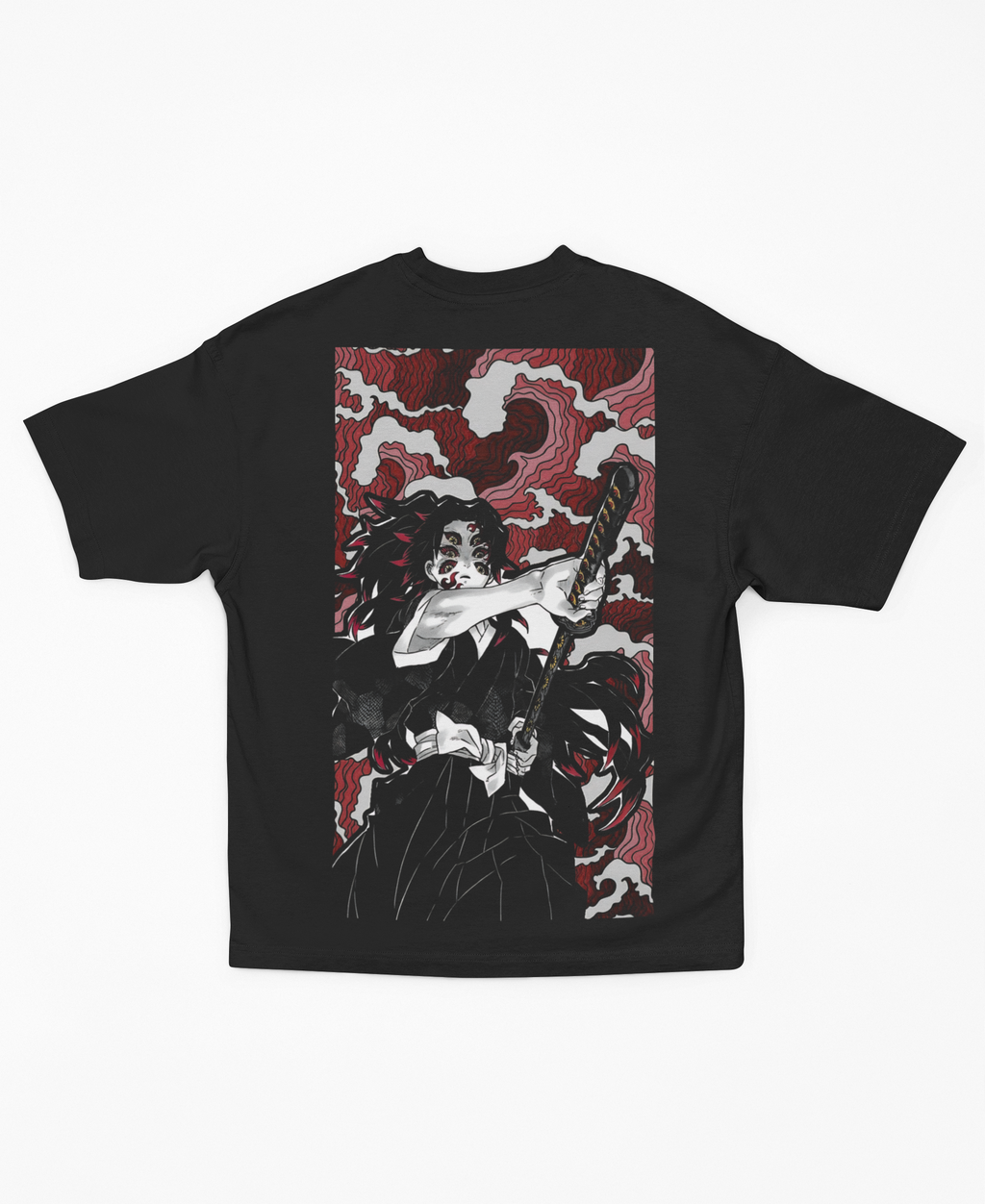 Playera Oversize Oscura Kokushibo Luna Creciente Uno Backprint | Diseño Gráfico Japonés Rojo