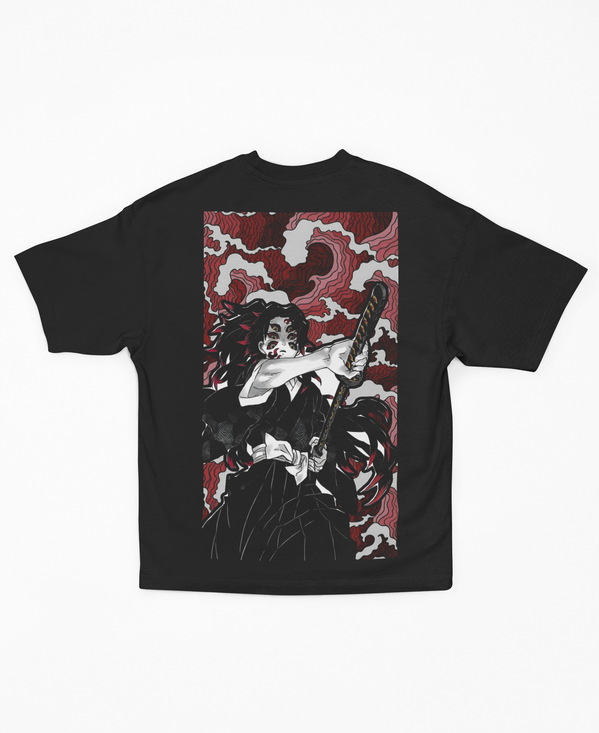 Playera Oversize Oscura Kokushibo Luna Creciente Uno Backprint | Diseño Gráfico Japonés Rojo