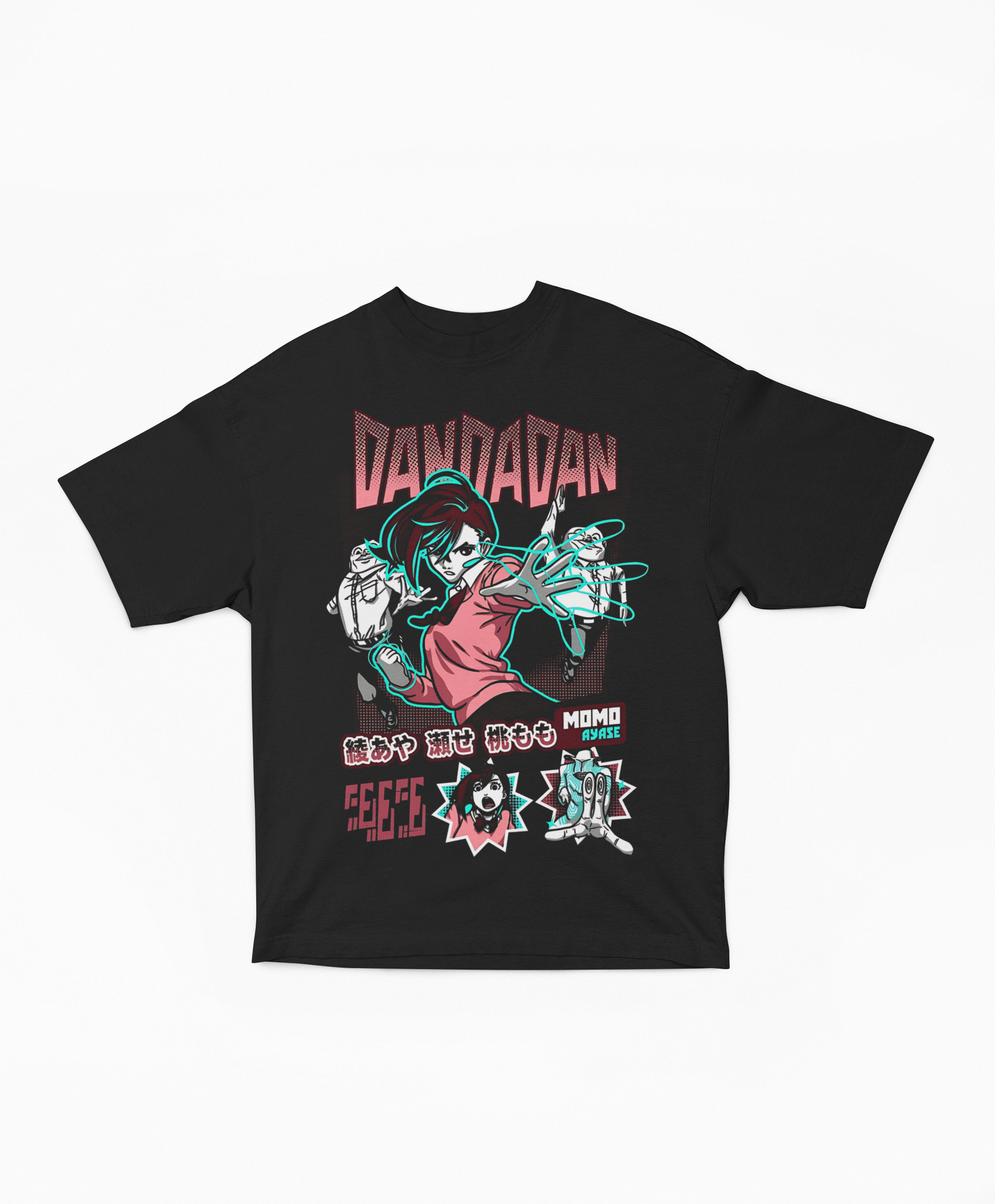 Playera Oversize Negra Momo Ayase Dandadan | Estilo Ciber Gráfico Retro