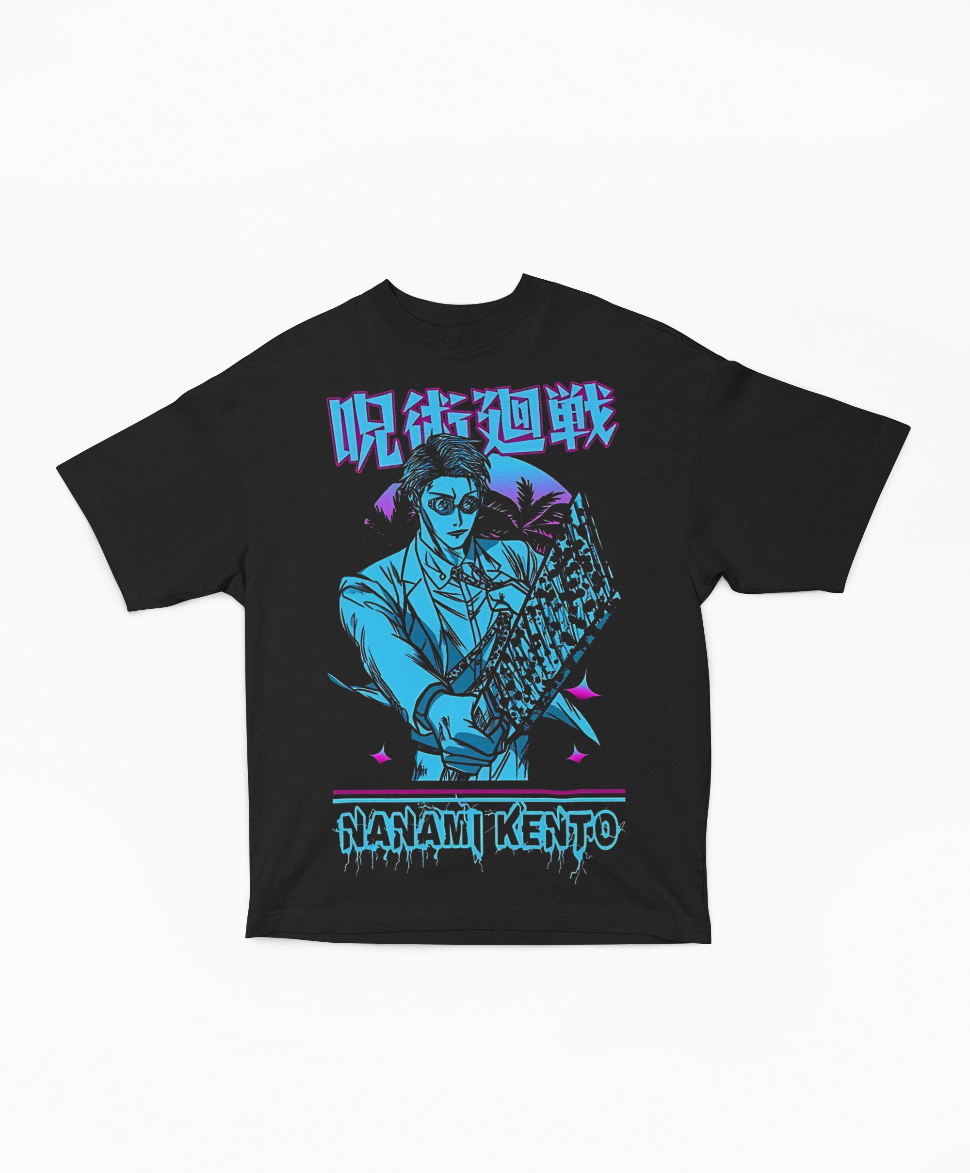 Playera Oversize Negra Kento Nanami | Estilo Retrowave Neón JJK