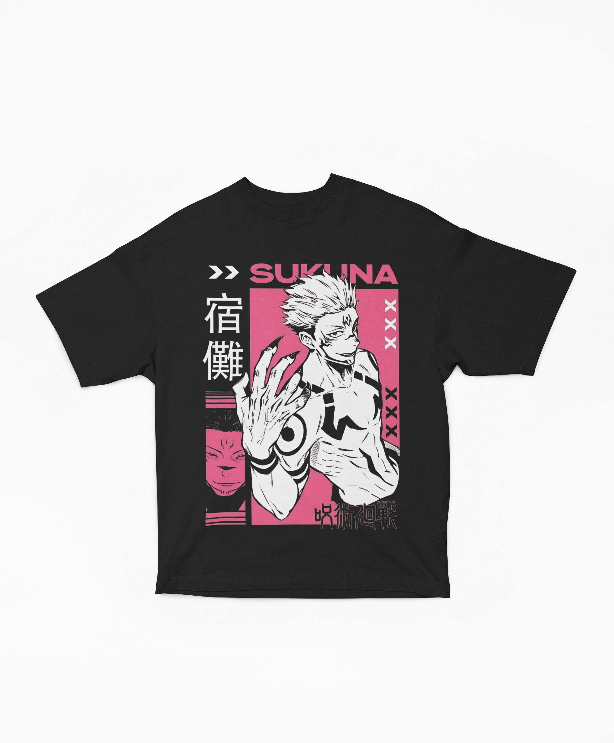 Playera Oversize Negra Ryomen Sukuna | Neón Rosa Estilo Manga JJK