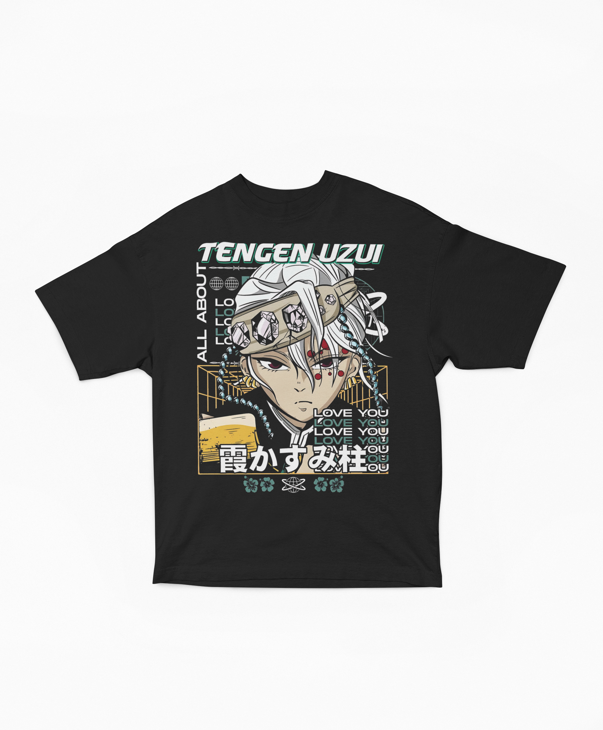 Playera Oversize Uzui Tengen Hashira del Sonido | Diseño de Retrato Japonés Flashy Tipográfico