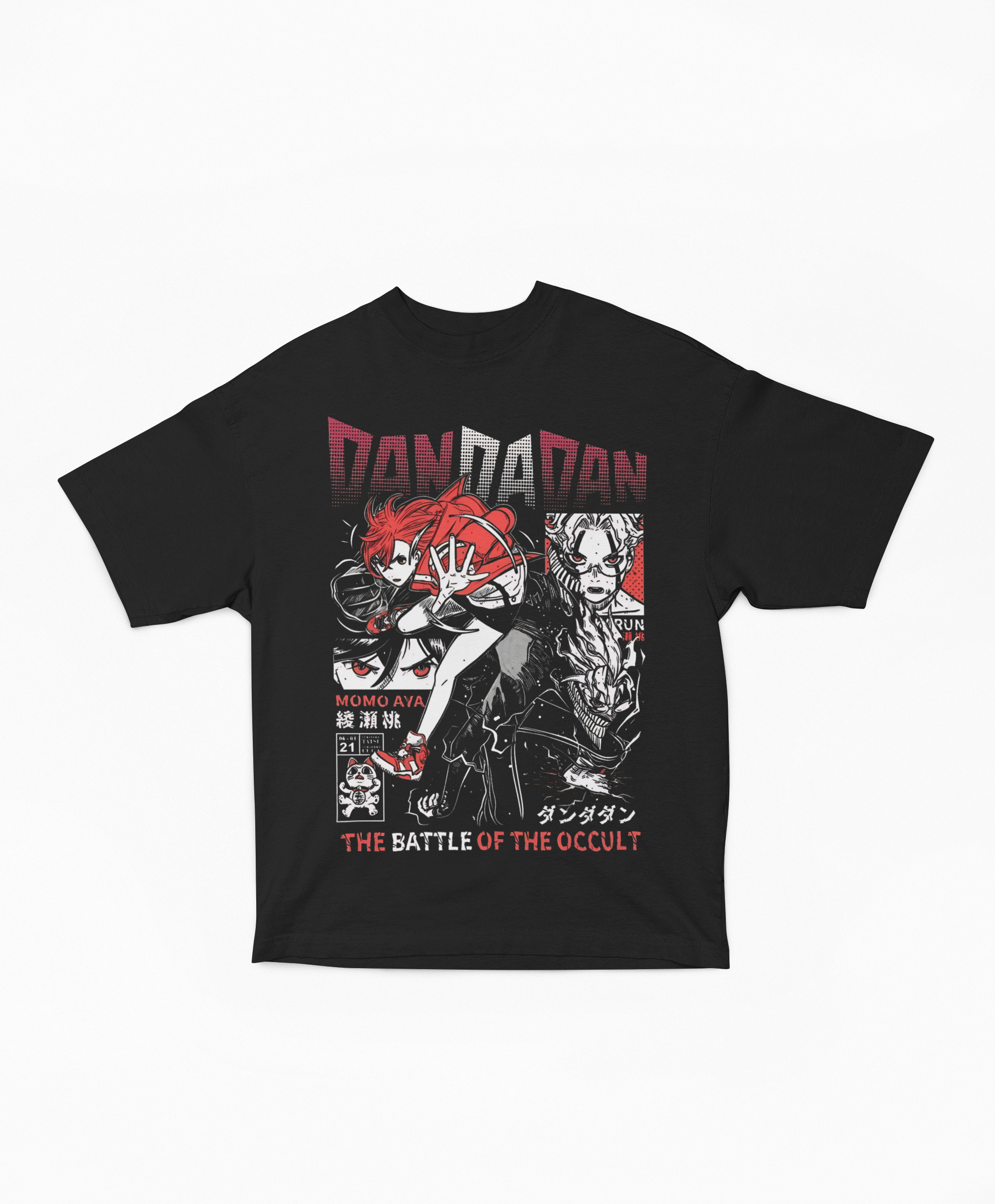 Playera Oversize Negra Momo Okarun Dúo Combate | Streetwear Ocultismo Dandadan