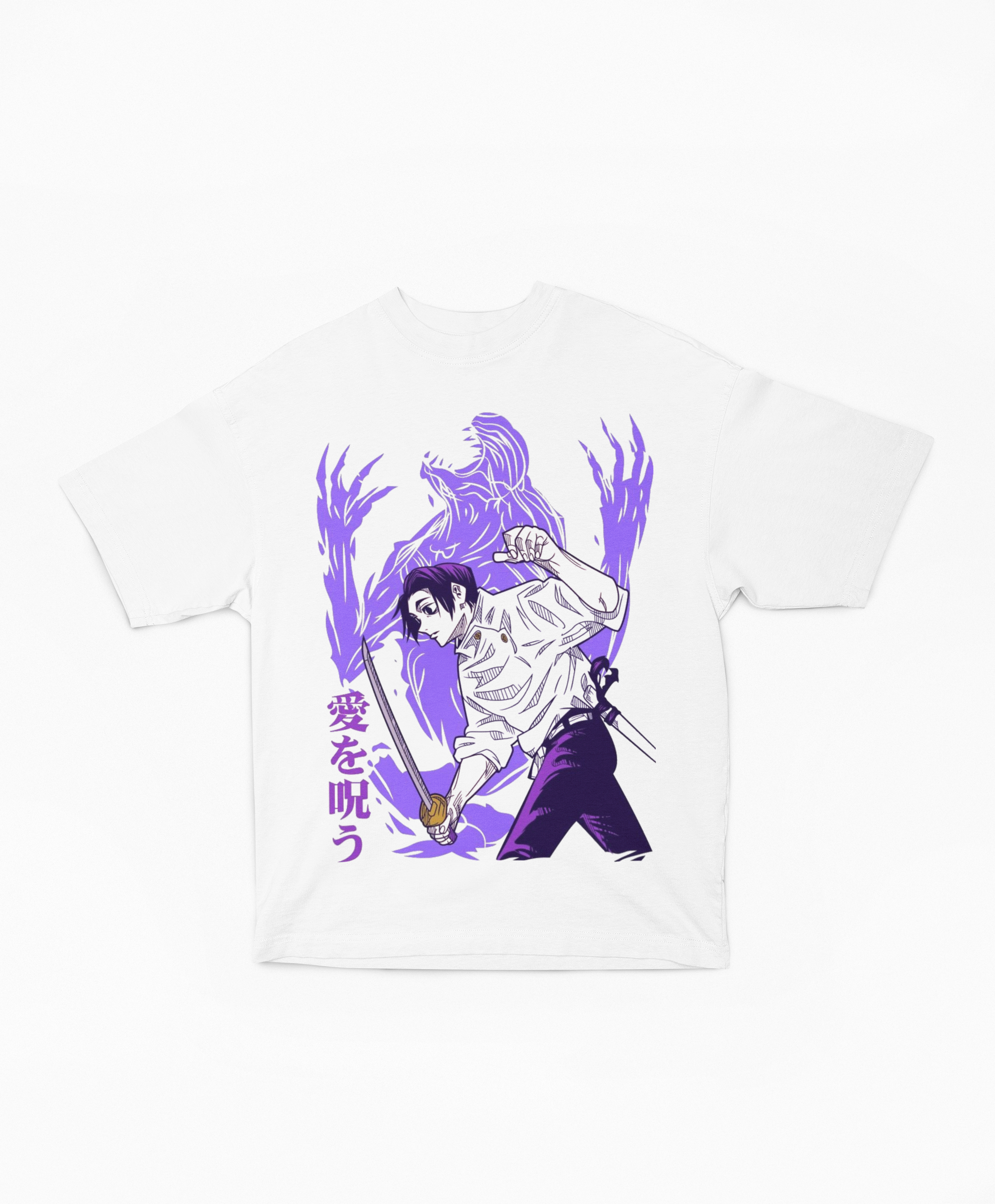 Playera Oversize Blanca Yuta Okkotsu | Rika Amor Maldito Kanji Morado JJK